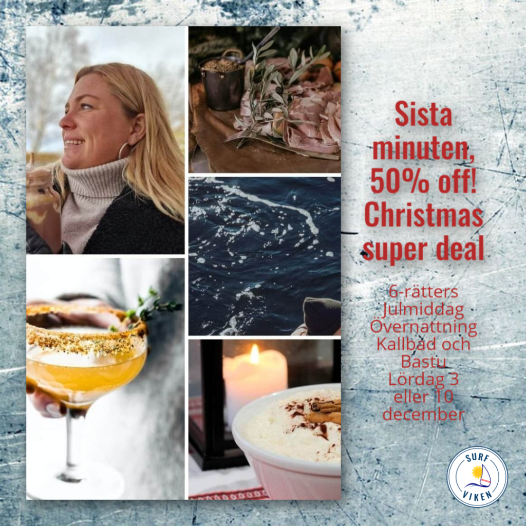 Tjej som ler, smarriga drinkar, kallskuret och en vinterbadare , samt en text med en Christmas deal.