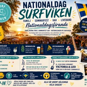 Affisch för Nationaldagsfirande på Surfviken i Stenungsund den 6 juni. Sommarfest vid havet med livemusik, DJ, foodtruck från Musselbaren, Brewhuslän, brunch, pizza, SUP, vindsurfing, hoppborg och aktiviteter för hela familjen i Bohuslän.